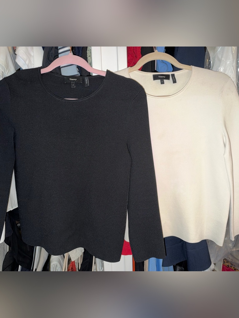 Theory Black and Cream Crewneck Sweaters